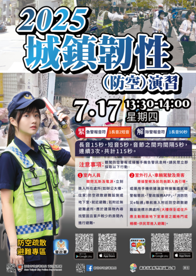 轉知本市「2025城鎮韌性(防空)演習」宣導文宣(含多國 語言版本)及影音。圖片